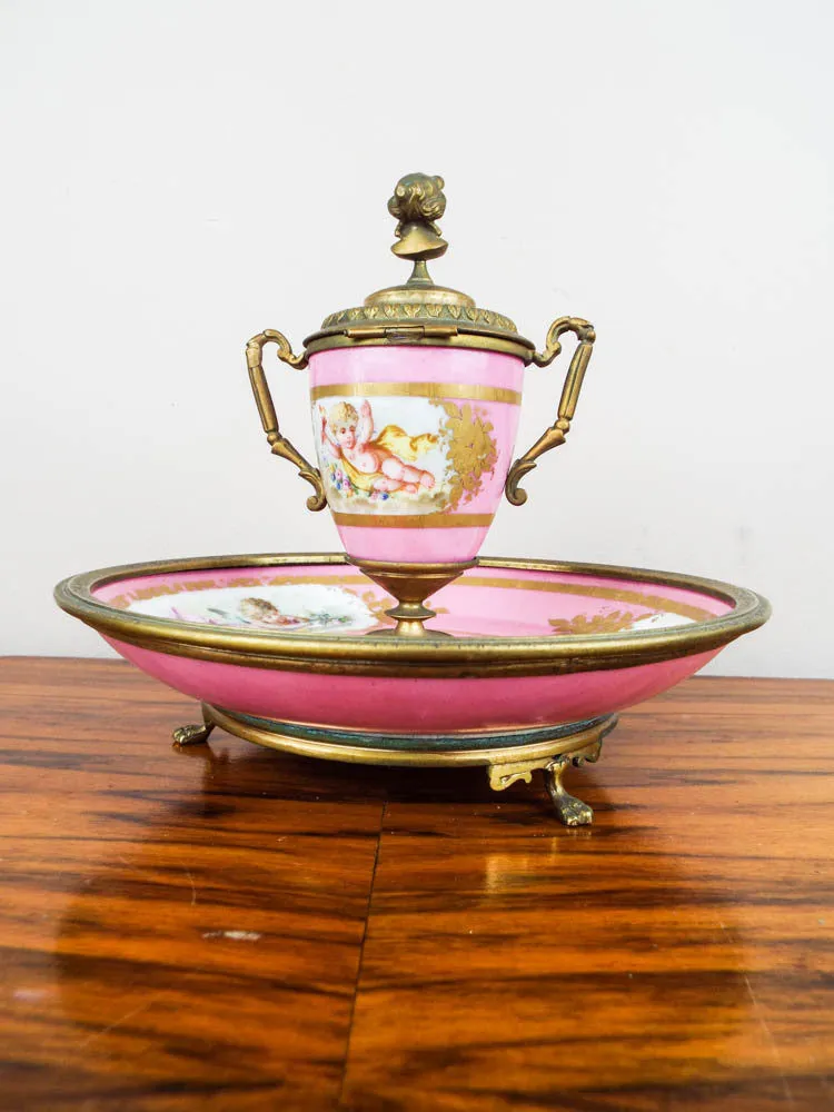 Antique French Pink Porcelain and Ormolu Decorative Desk Inkwell ~ Sevres Style