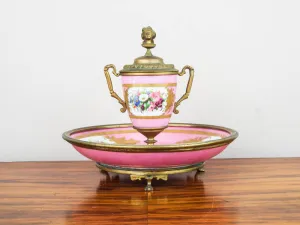 Antique French Pink Porcelain and Ormolu Decorative Desk Inkwell ~ Sevres Style