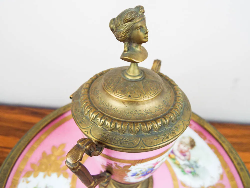 Antique French Pink Porcelain and Ormolu Decorative Desk Inkwell ~ Sevres Style