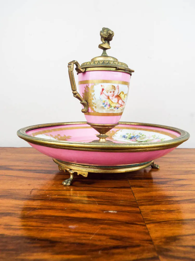 Antique French Pink Porcelain and Ormolu Decorative Desk Inkwell ~ Sevres Style