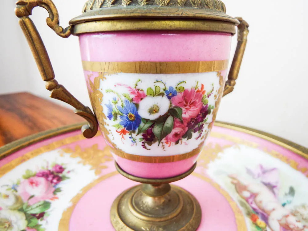 Antique French Pink Porcelain and Ormolu Decorative Desk Inkwell ~ Sevres Style