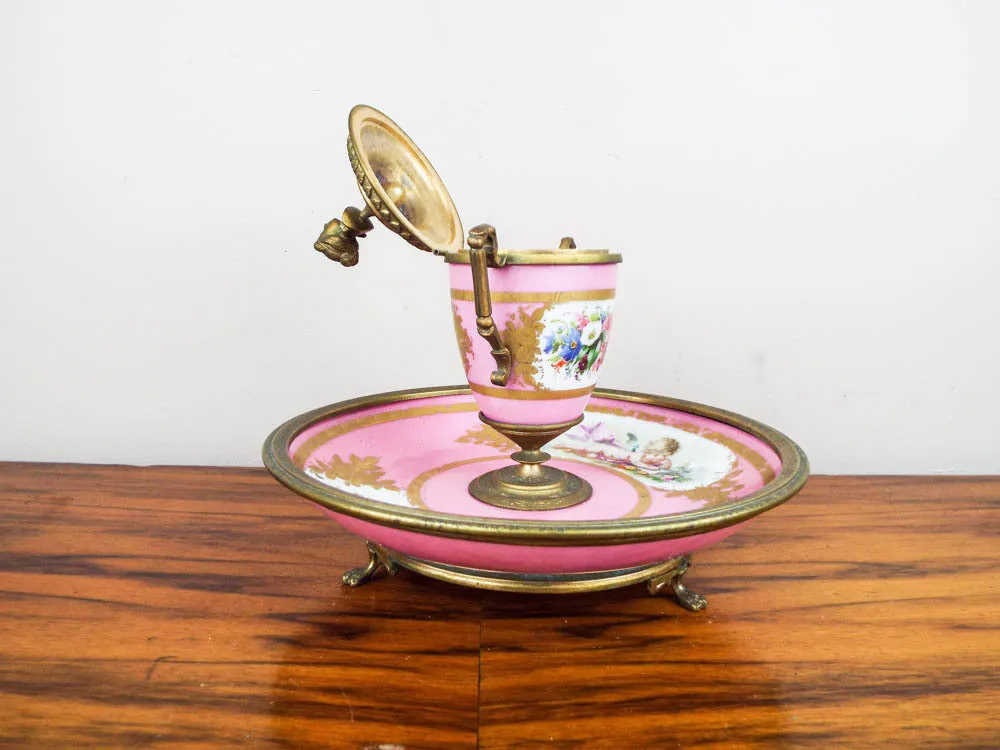 Antique French Pink Porcelain and Ormolu Decorative Desk Inkwell ~ Sevres Style