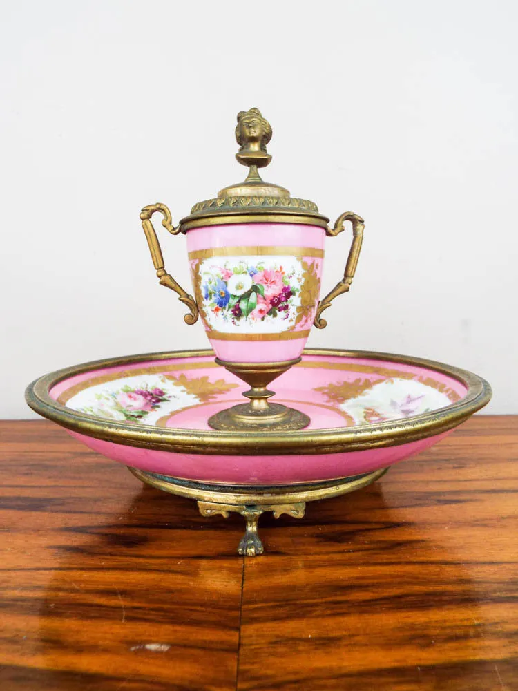 Antique French Pink Porcelain and Ormolu Decorative Desk Inkwell ~ Sevres Style
