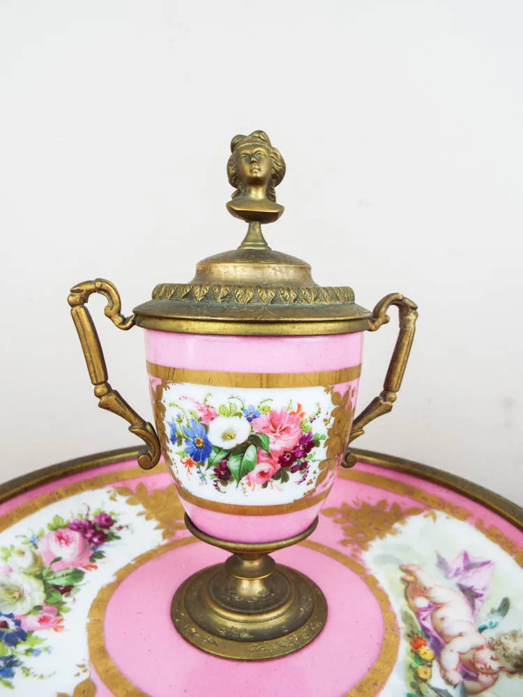 Antique French Pink Porcelain and Ormolu Decorative Desk Inkwell ~ Sevres Style