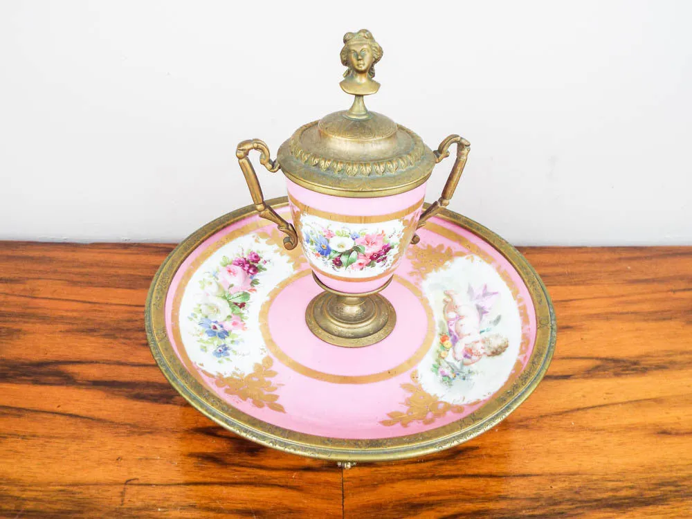 Antique French Pink Porcelain and Ormolu Decorative Desk Inkwell ~ Sevres Style