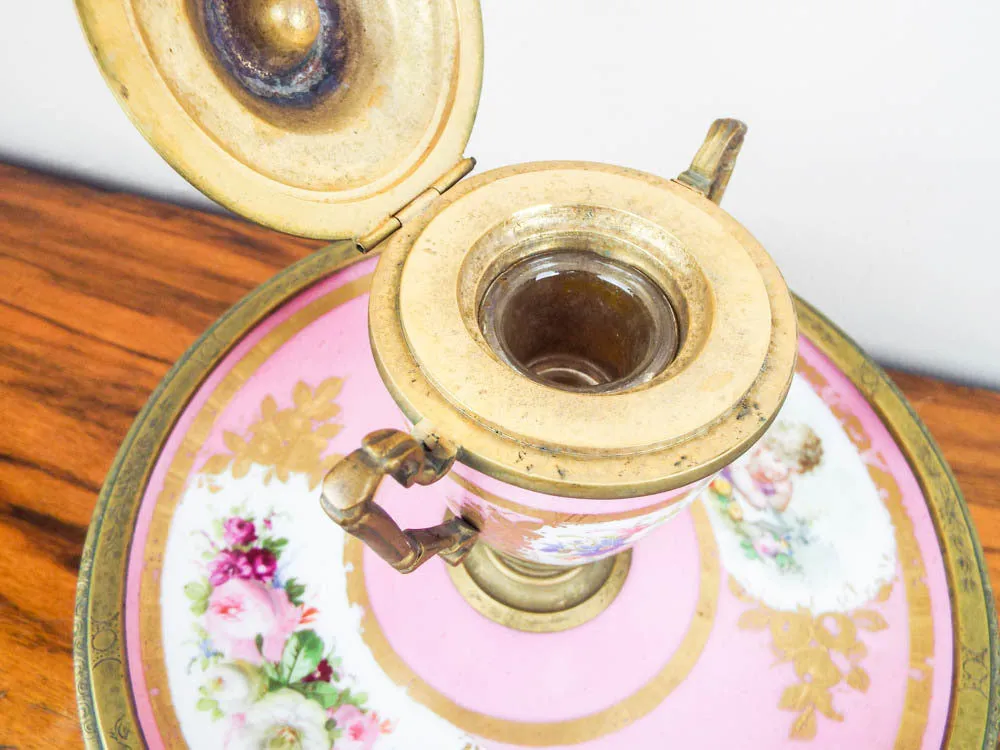 Antique French Pink Porcelain and Ormolu Decorative Desk Inkwell ~ Sevres Style