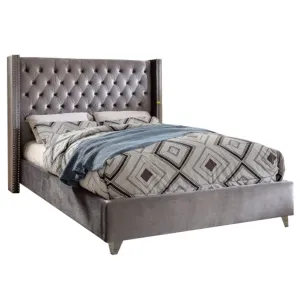 Bebelelo Grey Velvet Fabric Platform Double Bed with Nailhead Details