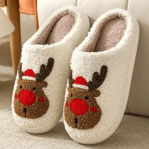 Christmas Elk Cotton Slippers, Holiday Reindeer Cozy Slippers