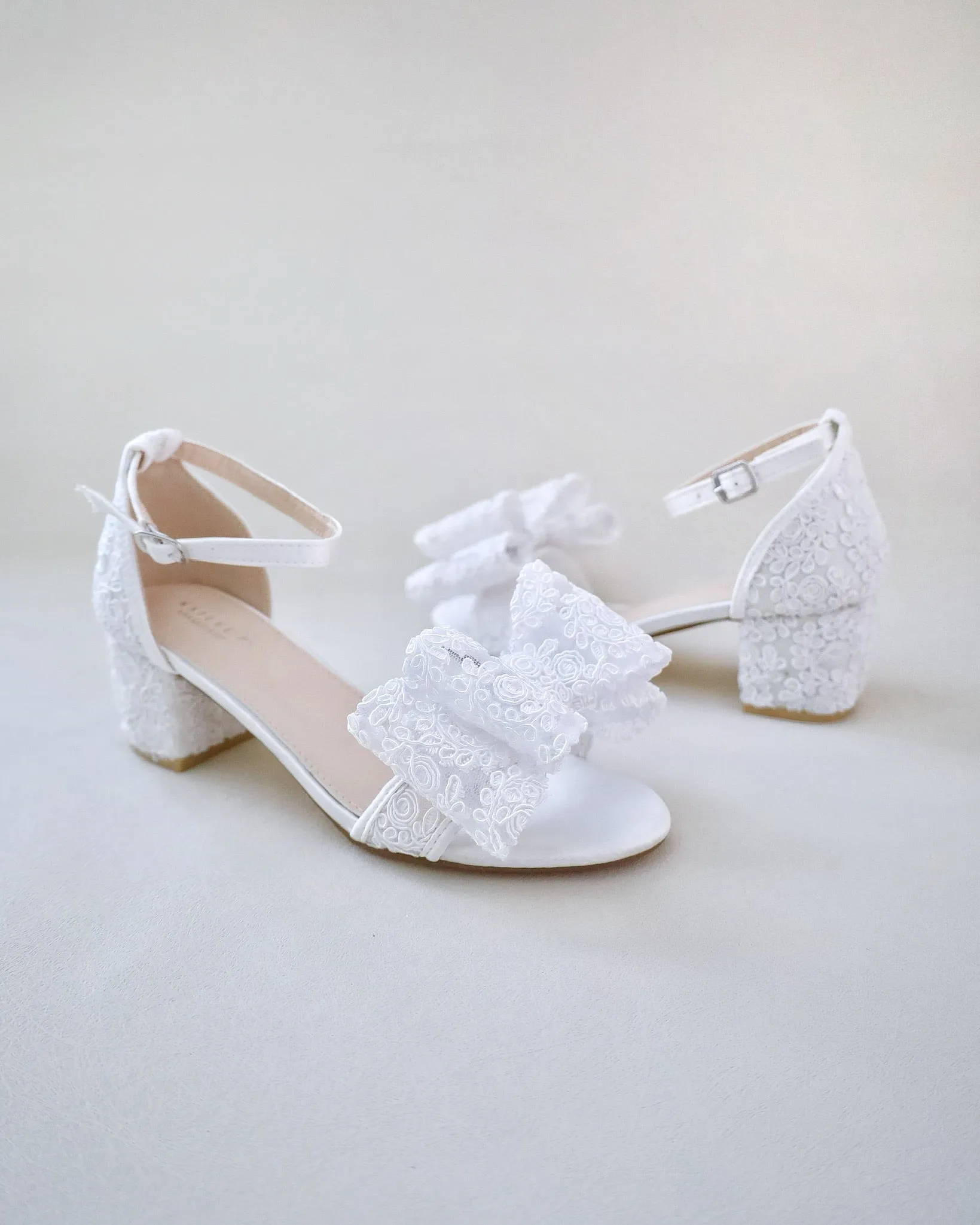 Crochet Lace Block Heel Wedding Sandals with Oversized Crochet Lace Bow