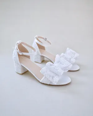 Crochet Lace Block Heel Wedding Sandals with Oversized Crochet Lace Bow
