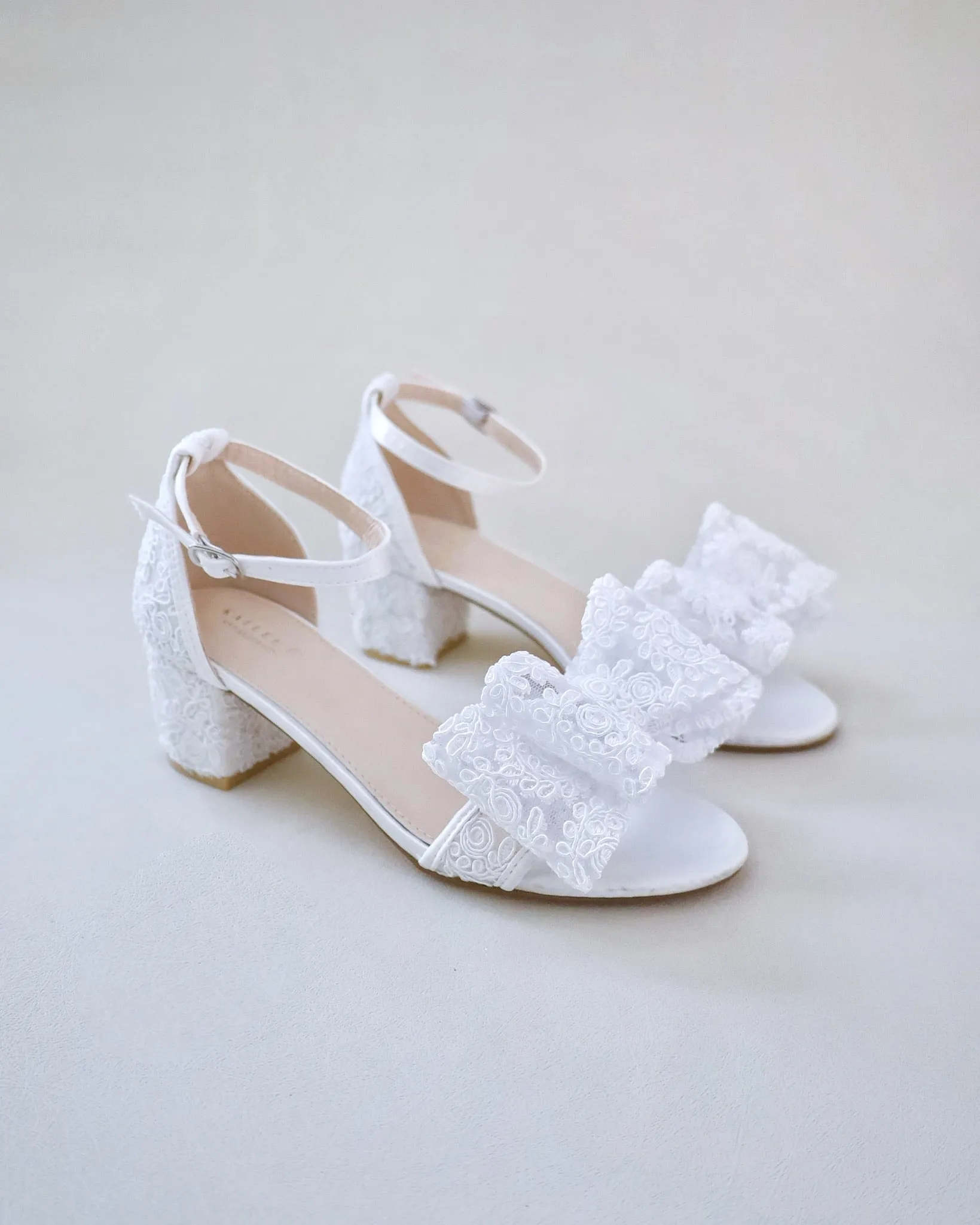 Crochet Lace Block Heel Wedding Sandals with Oversized Crochet Lace Bow