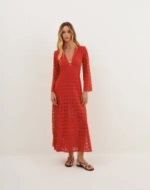 Eyelet Raya Long Dress - Ruby