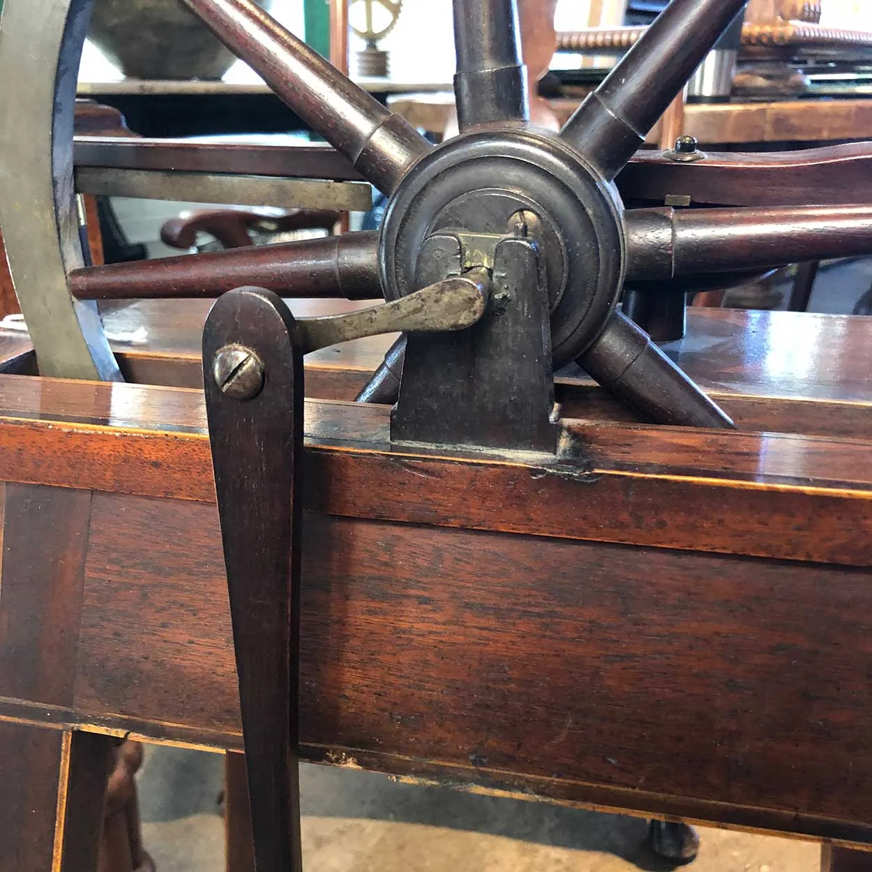 Fine English John Planta Sheraton John Planta Inlaid Mahogany Spinning Wheel