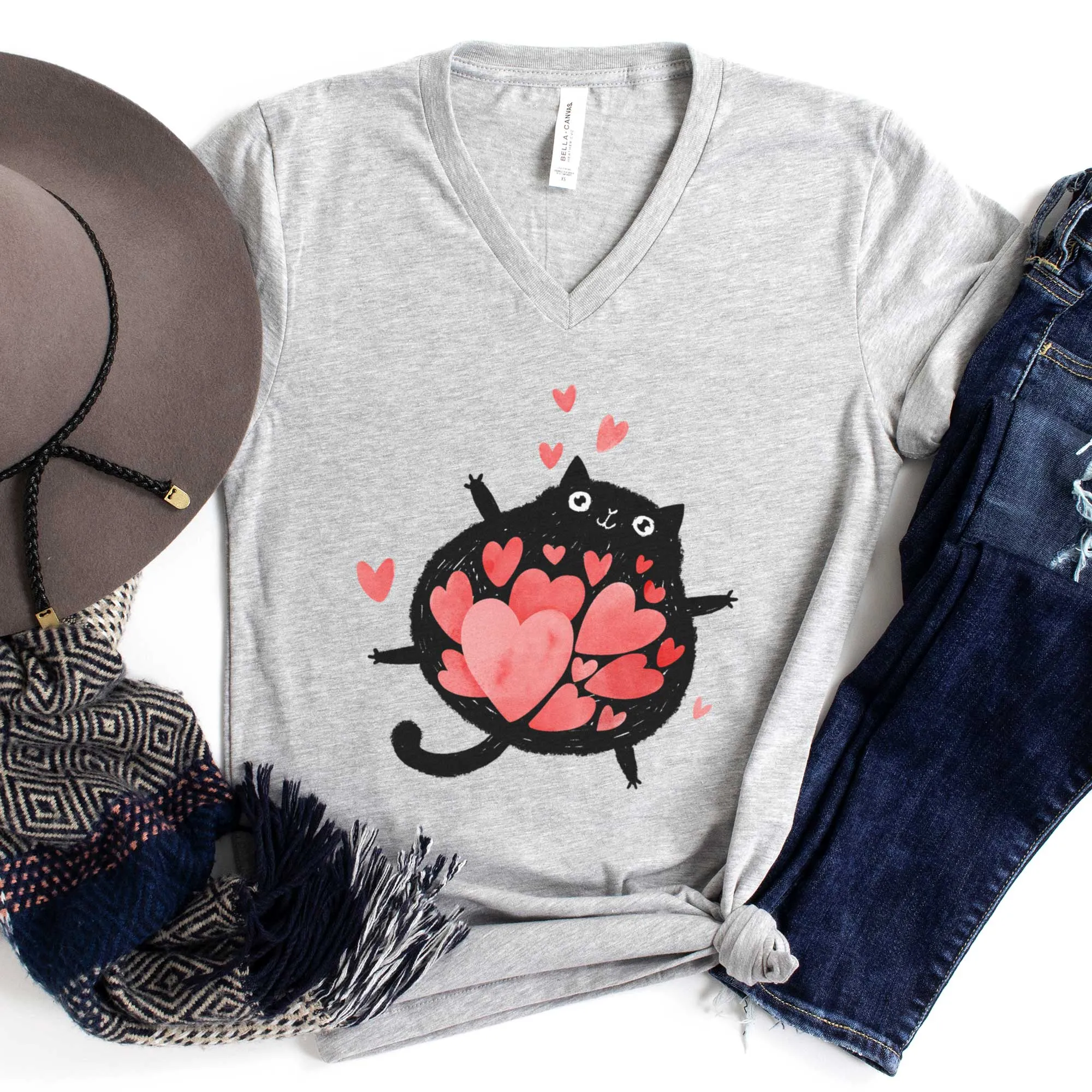 Full of Love Black Cat - Adult Unisex Jersey V-Neck Tee