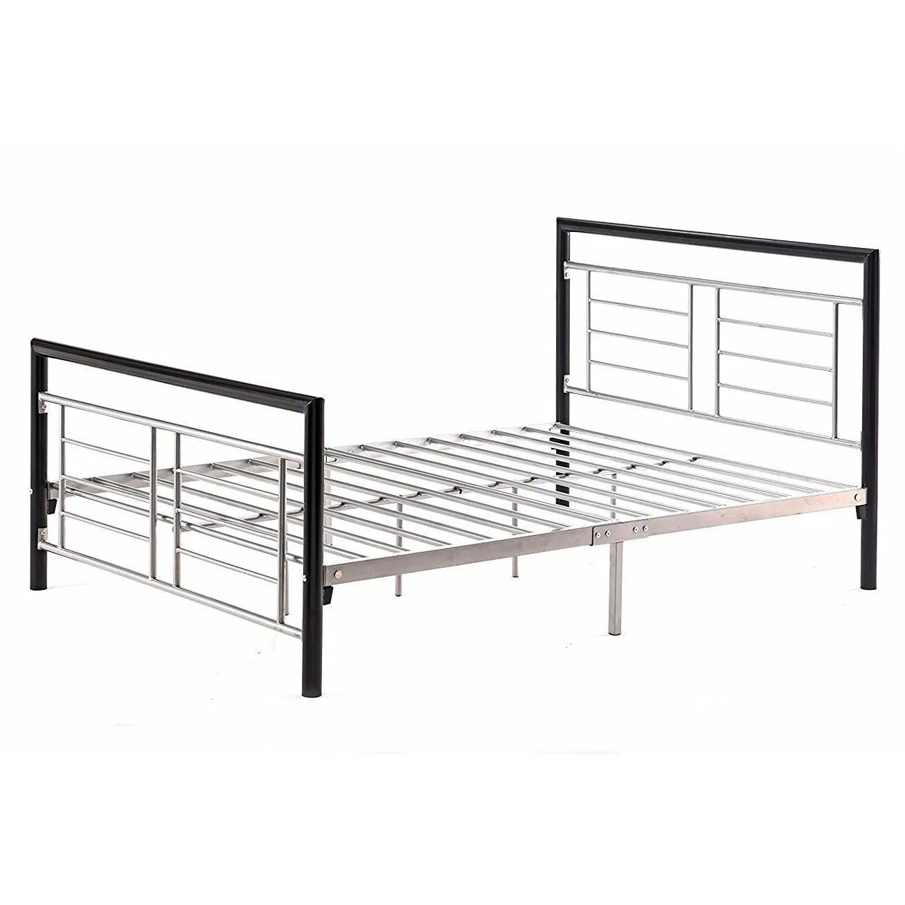 Full size Metal Platform Bed Frame with Headboard and Footboard in Black Silver