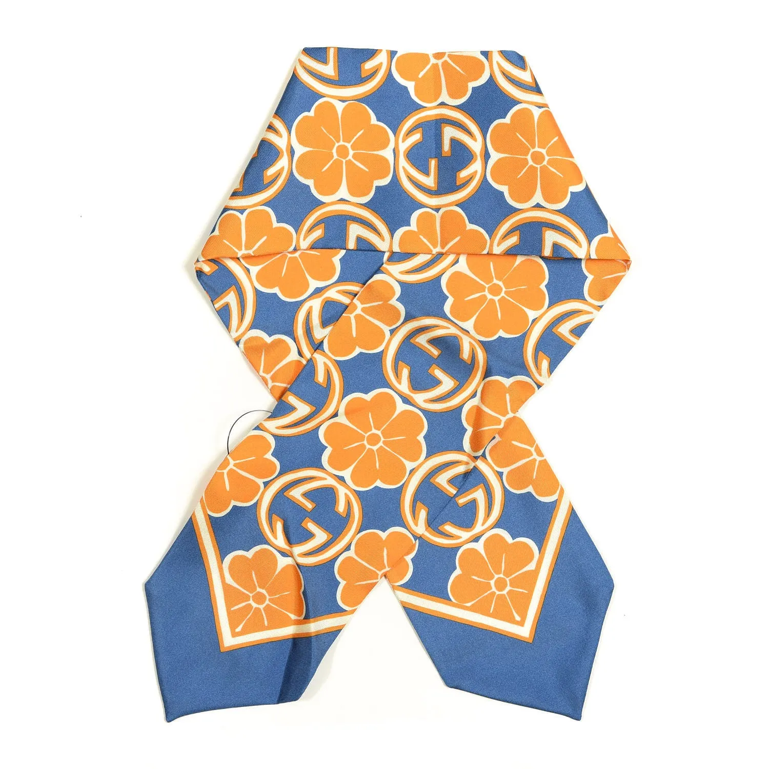 Gucci GG Flower Silk Foily Skinny Scarf in Blue