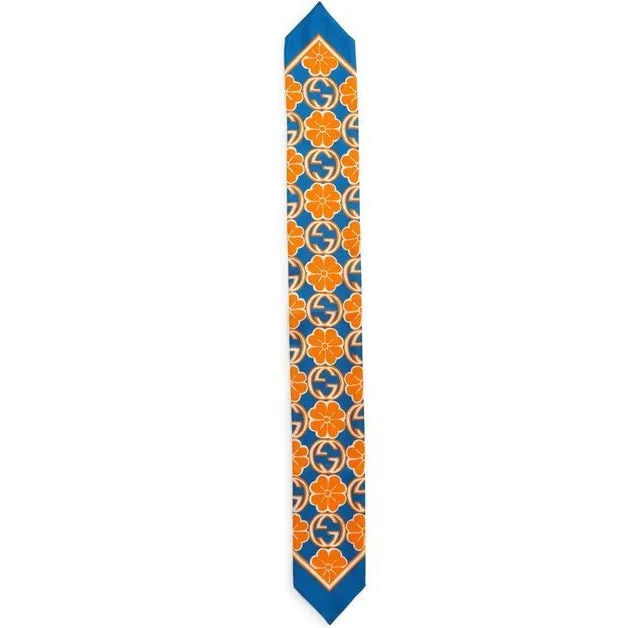 Gucci GG Flower Silk Foily Skinny Scarf in Blue