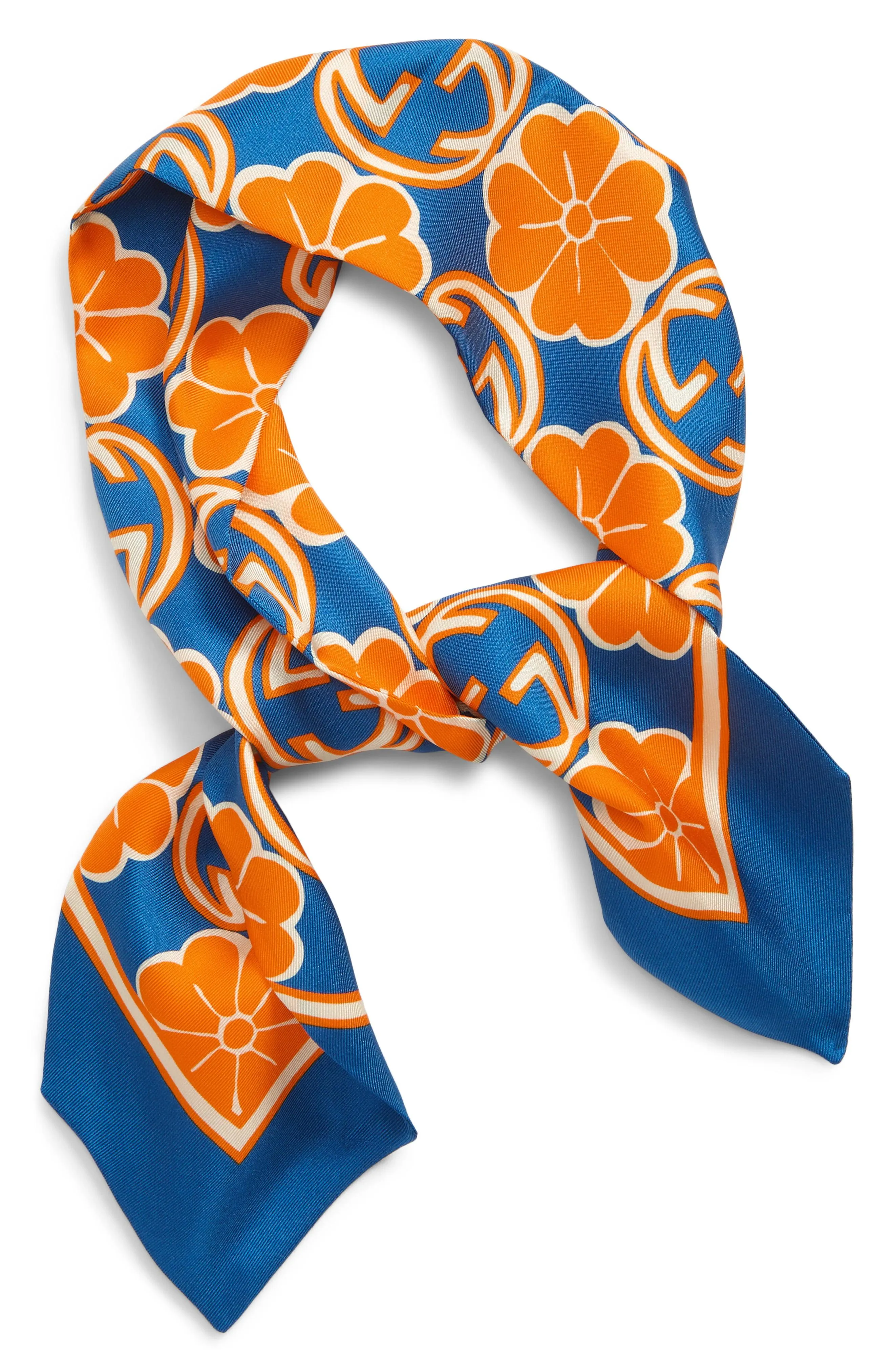 Gucci GG Flower Silk Foily Skinny Scarf in Blue
