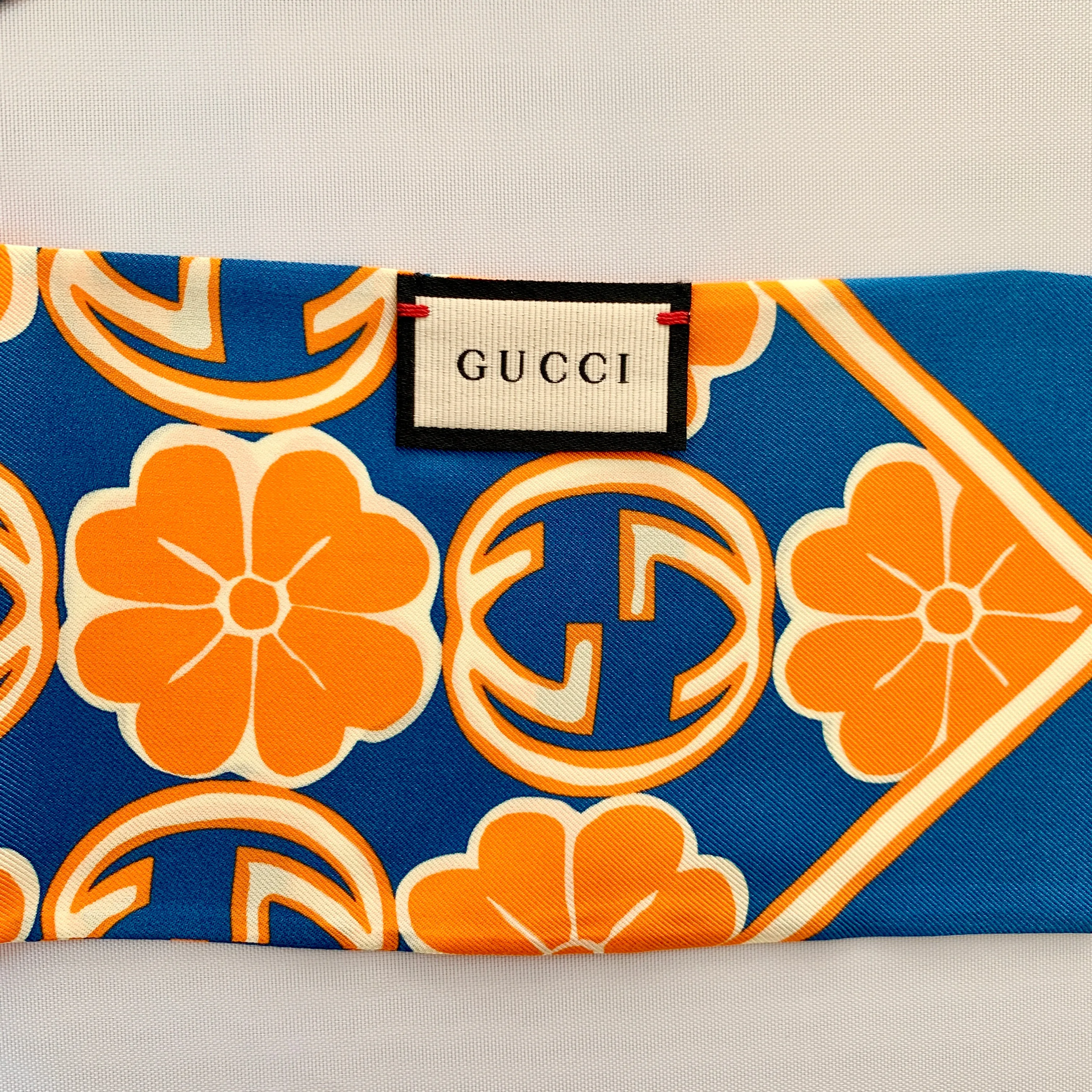Gucci GG Flower Silk Foily Skinny Scarf in Blue