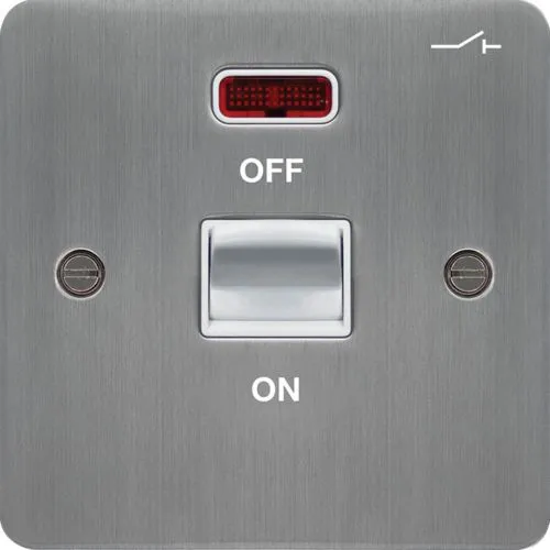 Hager WFDP50NBSW Sollysta Flat Plate 50A 1G DP Switch   LED Indicator - Brushed Steel   White Insert