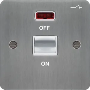 Hager WFDP50NBSW Sollysta Flat Plate 50A 1G DP Switch   LED Indicator - Brushed Steel   White Insert