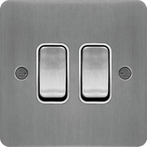 Hager WFPS22BSW Sollysta Flat Plate 10AX 2 Gang 2 Way Wall Switch - Brushed Steel   White Insert