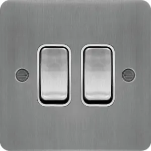 Hager WFPS22BSW Sollysta Flat Plate 10AX 2 Gang 2 Way Wall Switch - Brushed Steel   White Insert