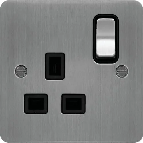 Hager WFSS81BSB Sollysta Flat Plate 13A 1 Gang Double Pole Switch Socket - Brushed Steel   Black Insert