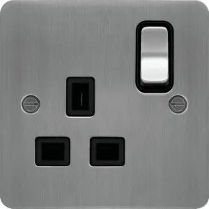 Hager WFSS81BSB Sollysta Flat Plate 13A 1 Gang Double Pole Switch Socket - Brushed Steel   Black Insert