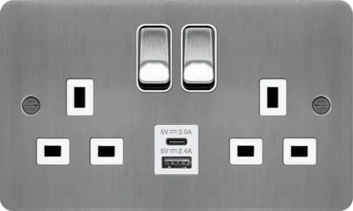 Hager WFSS82BSW-USBSAC Sollysta Flat Plate 13A 2 Gang DP Switched Socket  2xUSB (Type A C) - Brushed Steel   White Insert