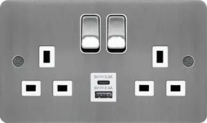 Hager WFSS82BSW-USBSAC Sollysta Flat Plate 13A 2 Gang DP Switched Socket  2xUSB (Type A C) - Brushed Steel   White Insert