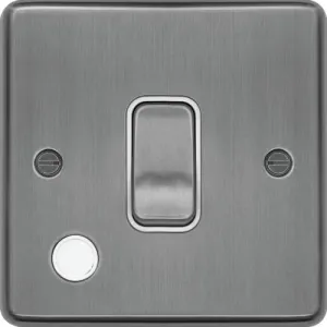 Hager WRDP84FOBSW Sollysta Raised Plate 20A Double Pole Switch   Flex Outlet - Brushed Steel   White Insert