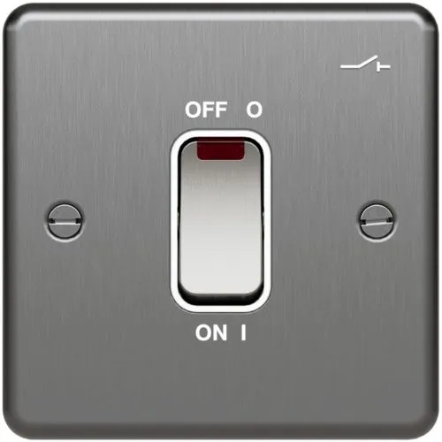 Hager WRDP84NIBSW Sollysta Raised Plate 20A DP Switch Isolation Function with LED - Brushed Steel   White Insert