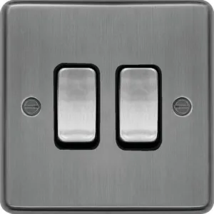 Hager WRPS22BSB Sollysta Raised Plate 10AX 2 Gang 2 Way Wall Switch - Brushed Steel   Black Insert
