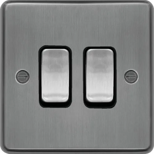 Hager WRPS22BSB Sollysta Raised Plate 10AX 2 Gang 2 Way Wall Switch - Brushed Steel   Black Insert