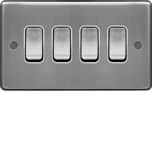 Hager WRPS42BSW Sollysta Raised Plate 10AX 4 Gang 2 Way Wall Switch - Brushed Steel   White Insert