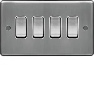 Hager WRPS42BSW Sollysta Raised Plate 10AX 4 Gang 2 Way Wall Switch - Brushed Steel   White Insert