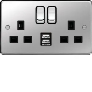 Hager WRSS82PSB-USB Sollysta Raised Plate 13A 2 Gang DP Switched Socket   2xUSB (Type A A) - Polished Steel   Black Insert