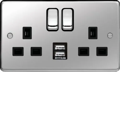 Hager WRSS82PSB-USB Sollysta Raised Plate 13A 2 Gang DP Switched Socket   2xUSB (Type A A) - Polished Steel   Black Insert