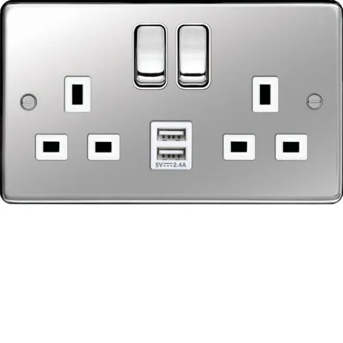 Hager WRSS82PSW-USBS Sollysta Raised Plate 13A 2 Gang DP Switched Socket   2xUSB 2.4A - Polished Steel   White Insert