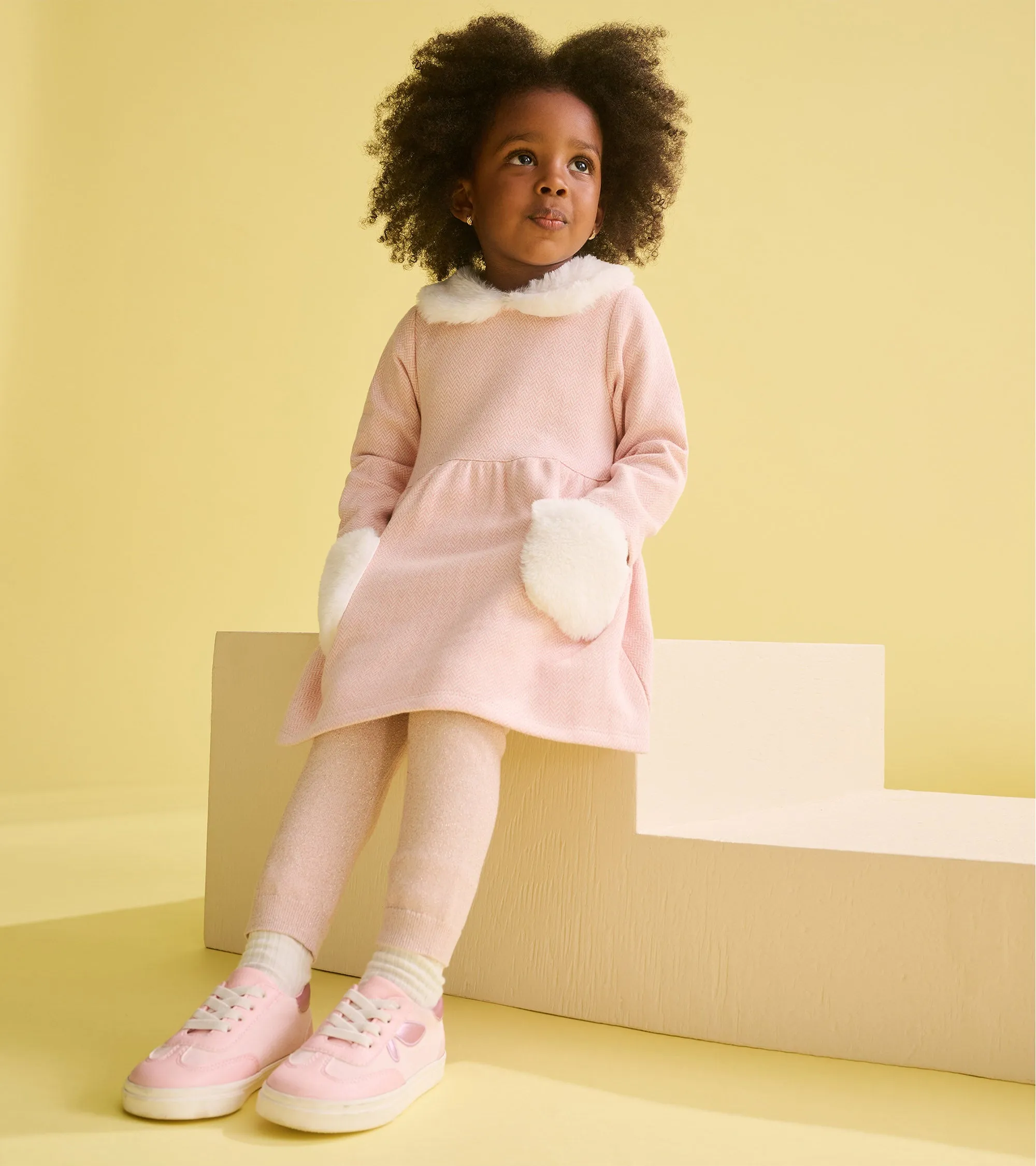 Hatley Pink Herringbone Dress with Fur