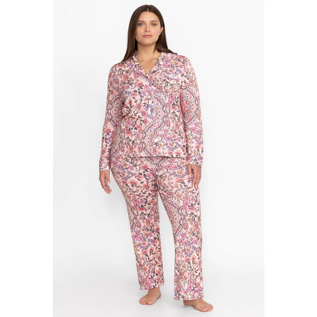 Johnny Was Carly Pj Set Aussie Long Home Lounge Sleepwear Pink Floral 2 pc NEW