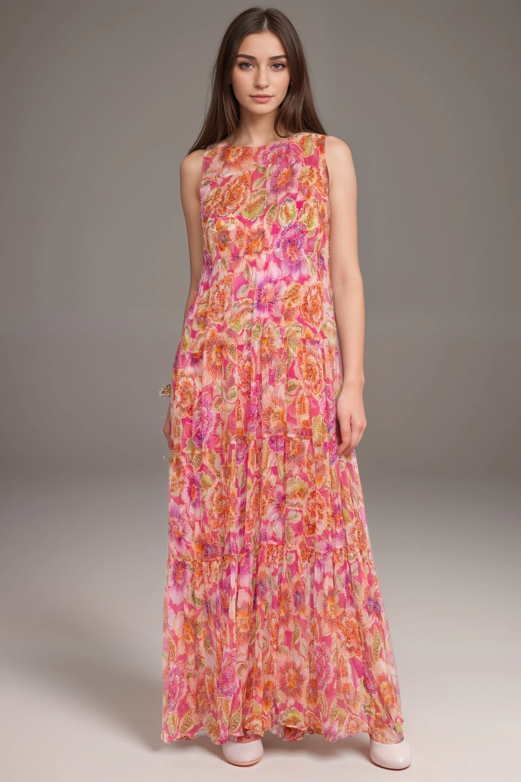 Johnny Was Jade Loran Tiered Floral Silk Maxi Dress Plus Size L36724-4X