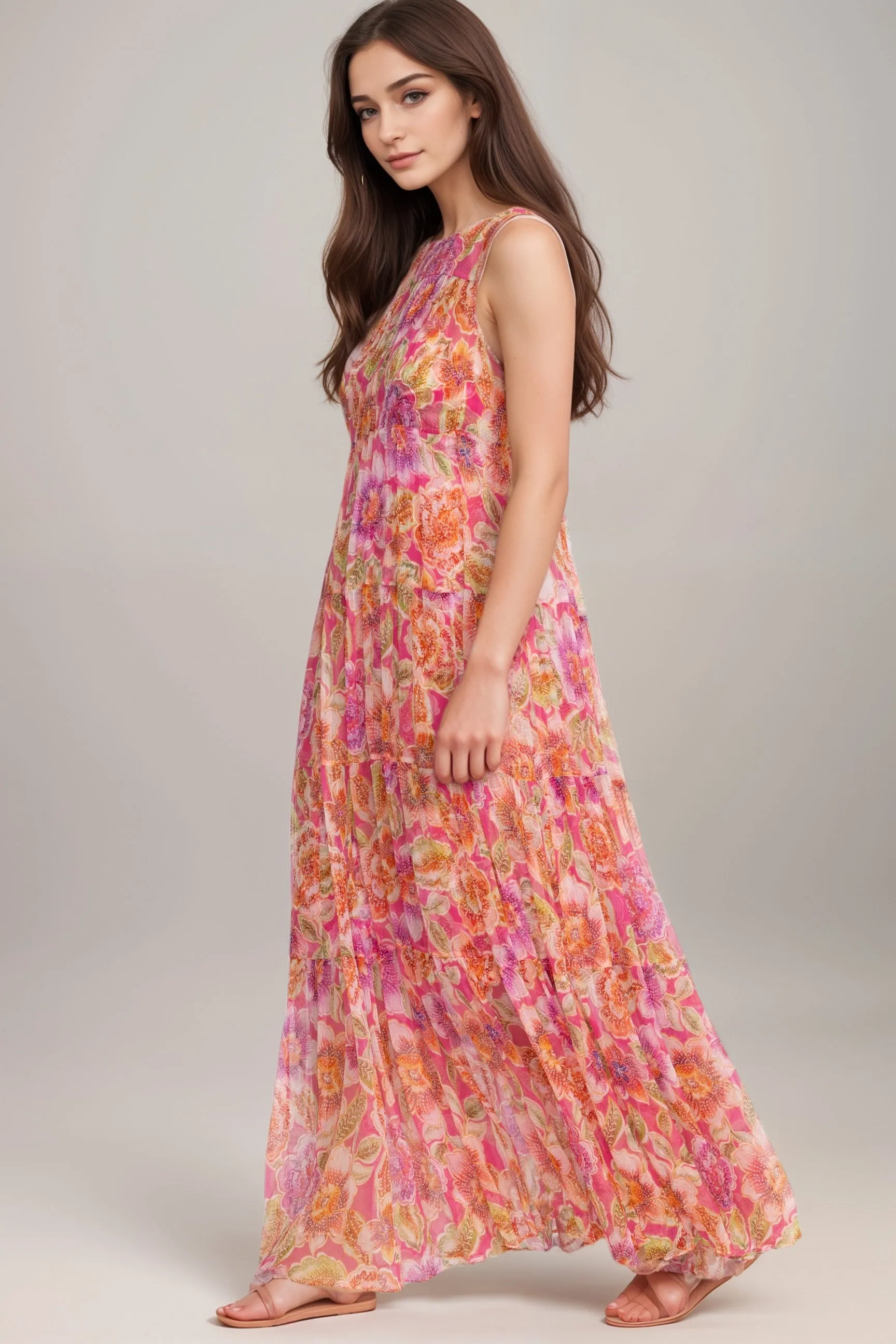 Johnny Was Jade Loran Tiered Floral Silk Maxi Dress Plus Size L36724-4X