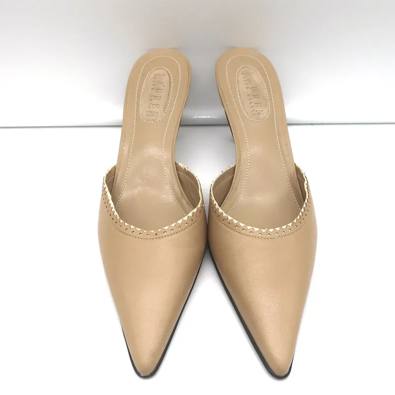 Lauren Ralph Lauren Mules Sandy Beige Leather Size 8.5 Pointed Toe Heels