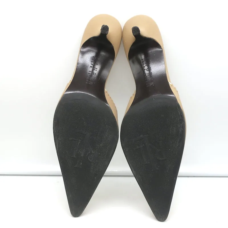Lauren Ralph Lauren Mules Sandy Beige Leather Size 8.5 Pointed Toe Heels