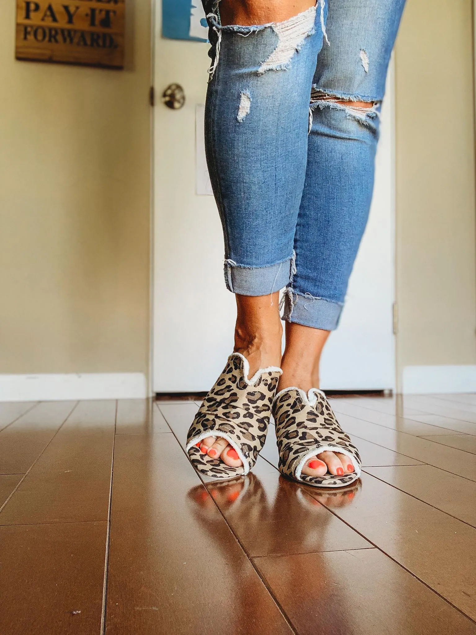 Leopard Block Mid Heel Sandals