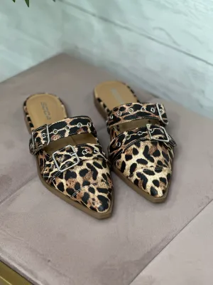 Leopard Pointed Buckle Mules