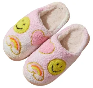 Malibu Sugar Fuzzy Kids Slippers - Pastel Rainbow Smiley