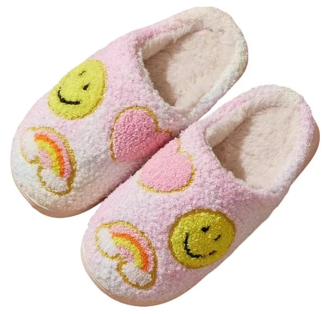 Malibu Sugar Fuzzy Kids Slippers - Pastel Rainbow Smiley